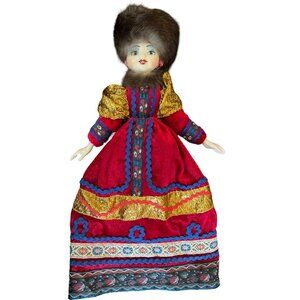 Pretty Hand Painted Russian Porcelain Girl Doll In Colorfully Dress & Fur Hat